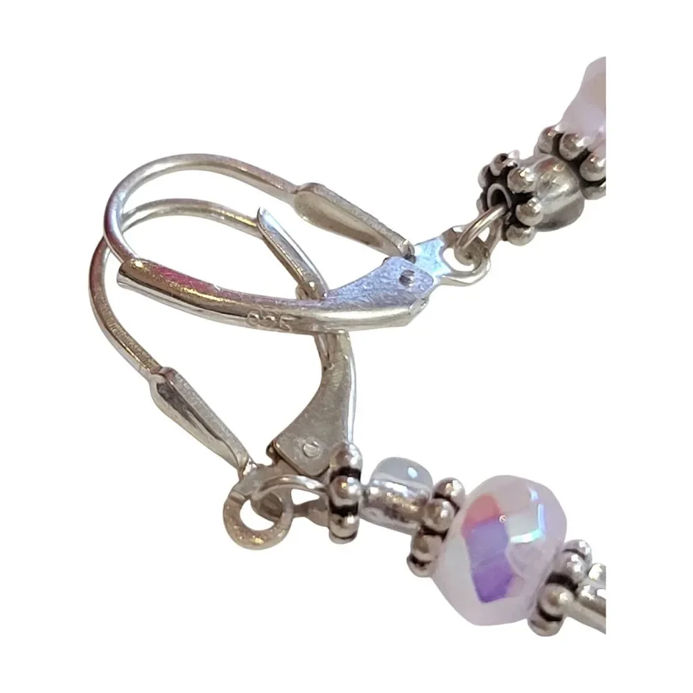 Vintage Sterling Silver 925 Shimmer Pink Bead Dangle Drop Earrings